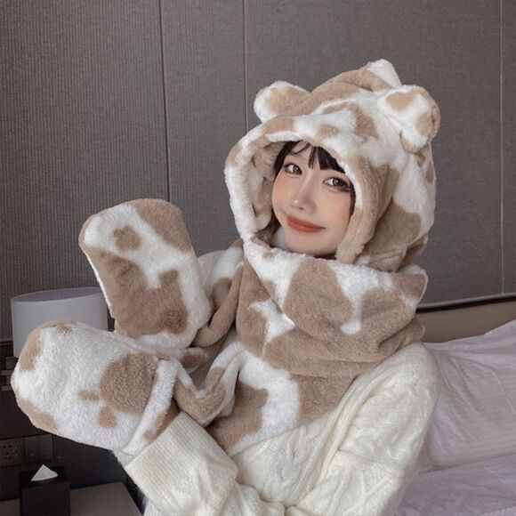 Ultra Soft Cow Print Hat Scarf Mitten Attached Furry Hood Ears Puppy Snow Bunny - Picture 1 of 8